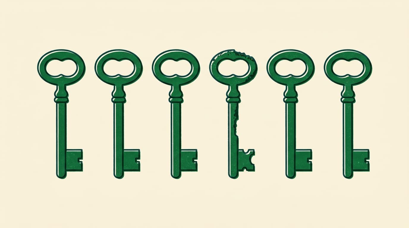Row of identical cast-iron keys, one showing a hand-filed notch and rusted edge.