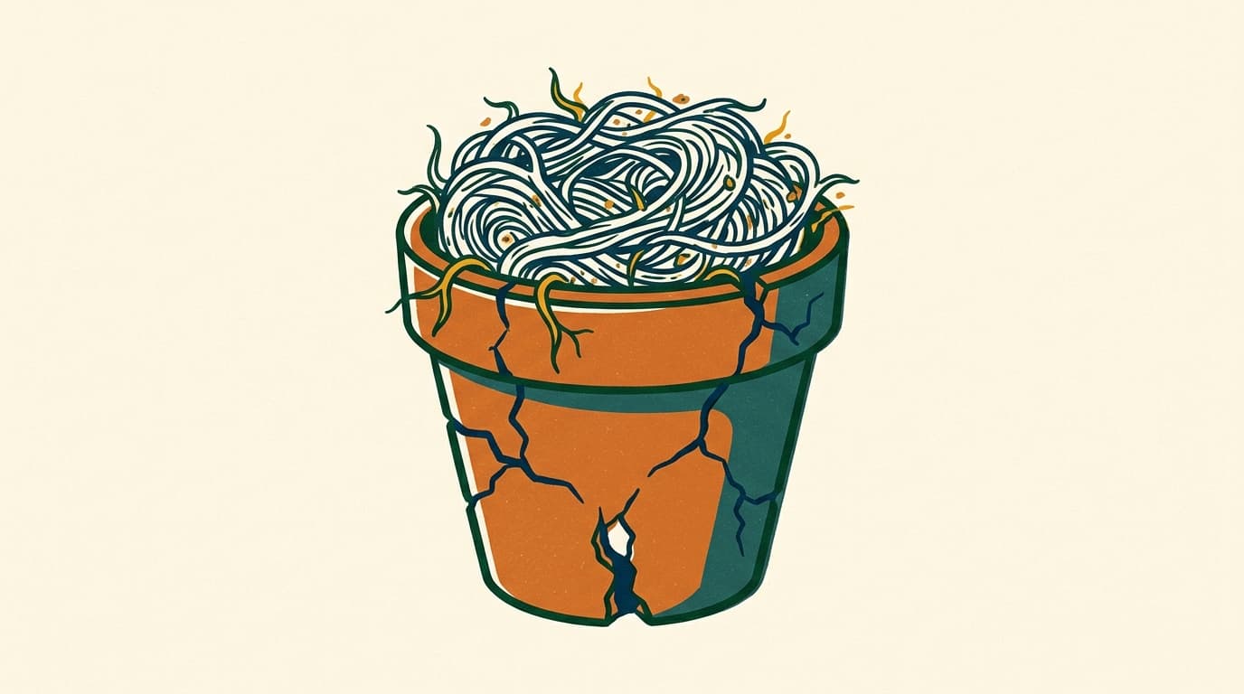 A cracked terracotta flowerpot overcrowded with tightly packed, dry soil and tangled roots representing confinement.
