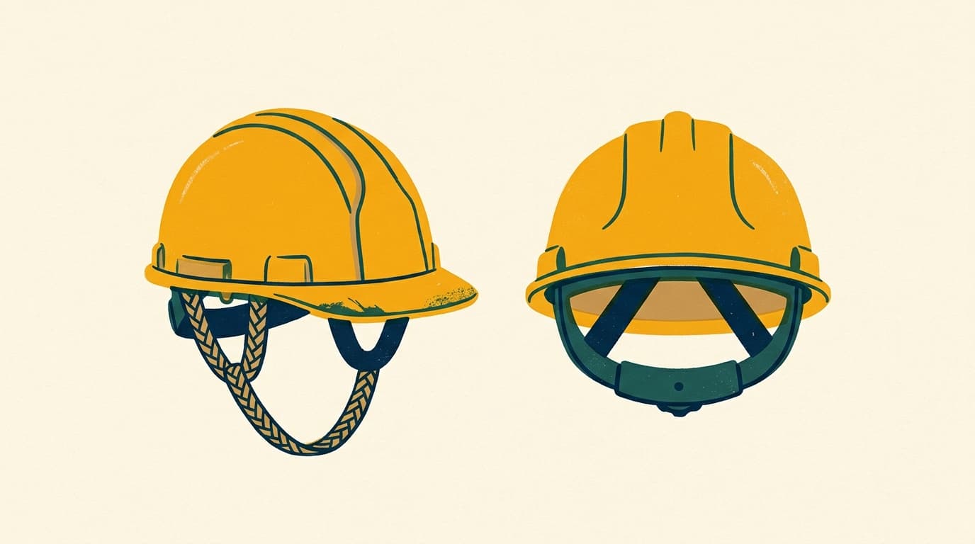 Identical yellow hardhats, one featuring a thick woven chin strap and a scuffed brim.