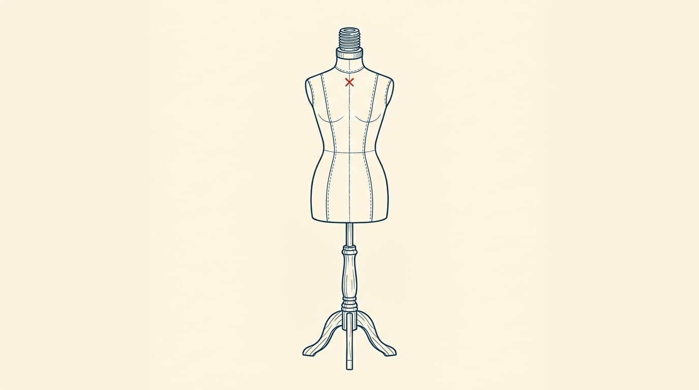 Illustration of a wooden dressmaker's dummy with stitched linen seams and a brass-threaded collar joint