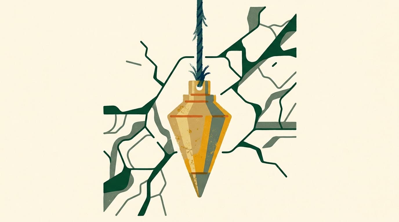 A tarnished brass plumb bob with a frayed cord hanging against cracked stone
