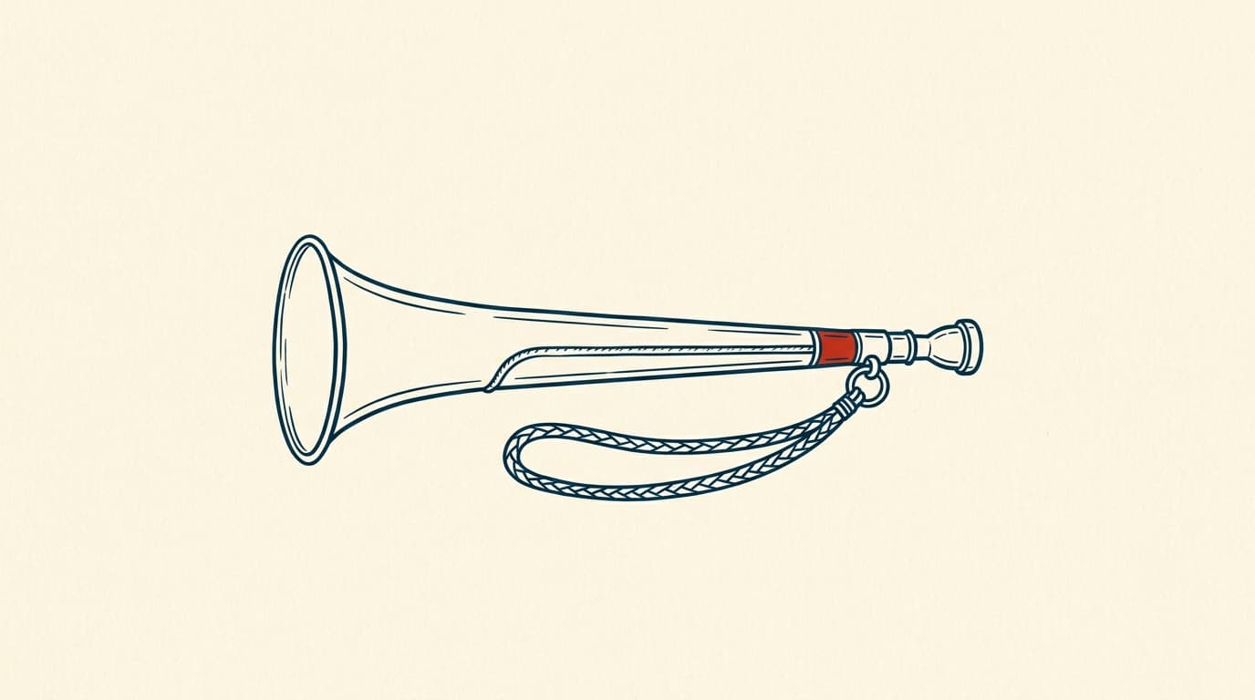Illustration of a brass speaking trumpet with a soldered seam and a braided leather lanyard