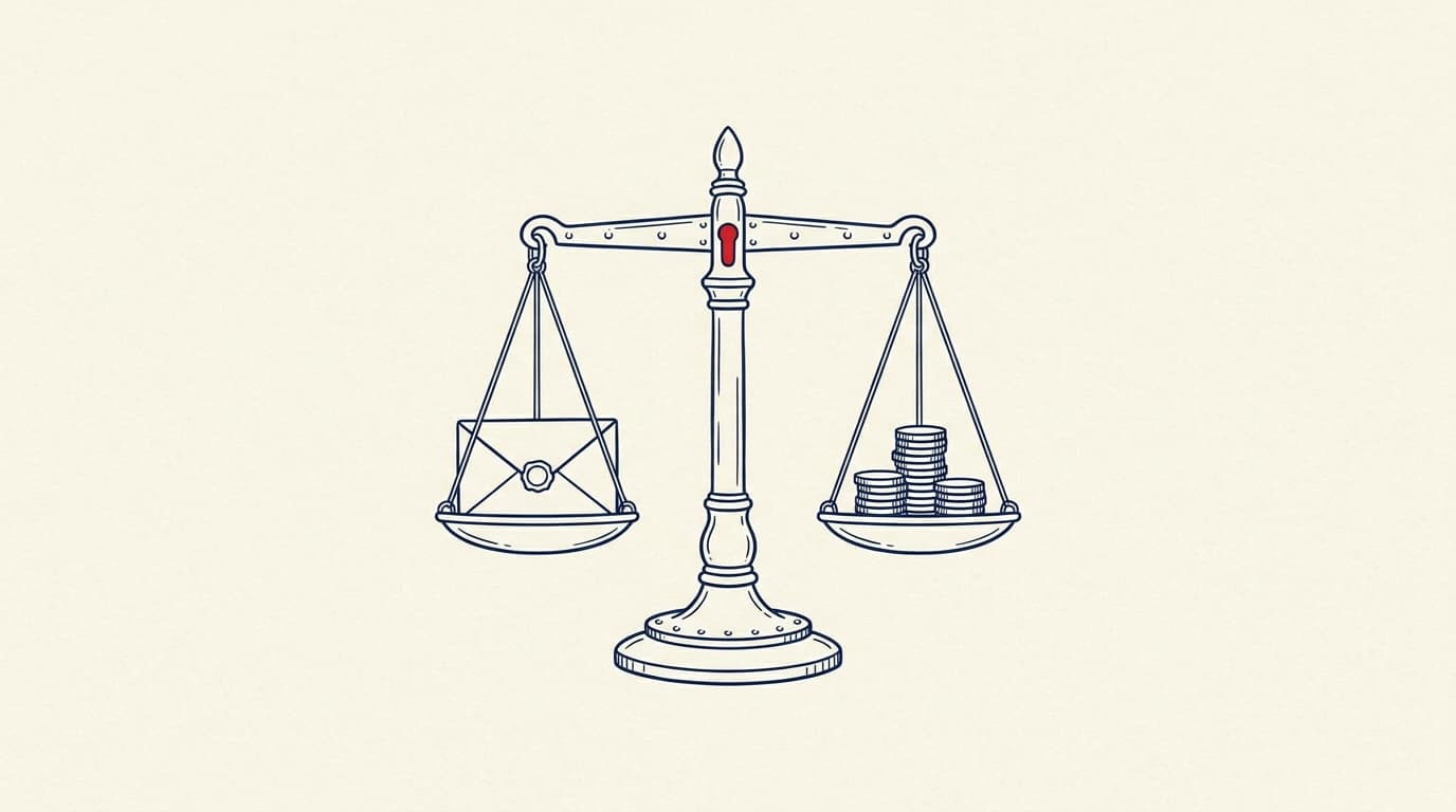 A brass balance scale holding a sealed envelope on one pan and a short stack of coins on the other.