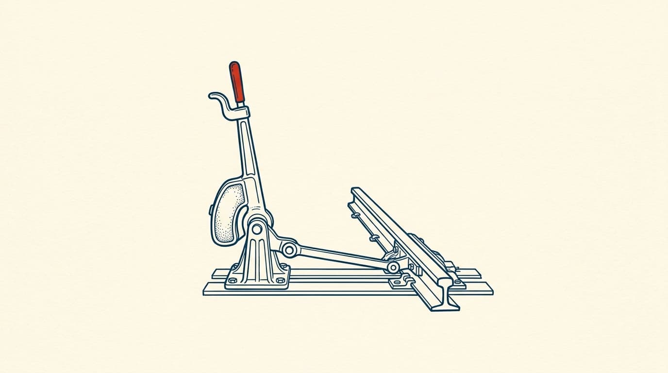 A railway switch lever with a cast-iron counterweight standing beside a hinged section of steel track.