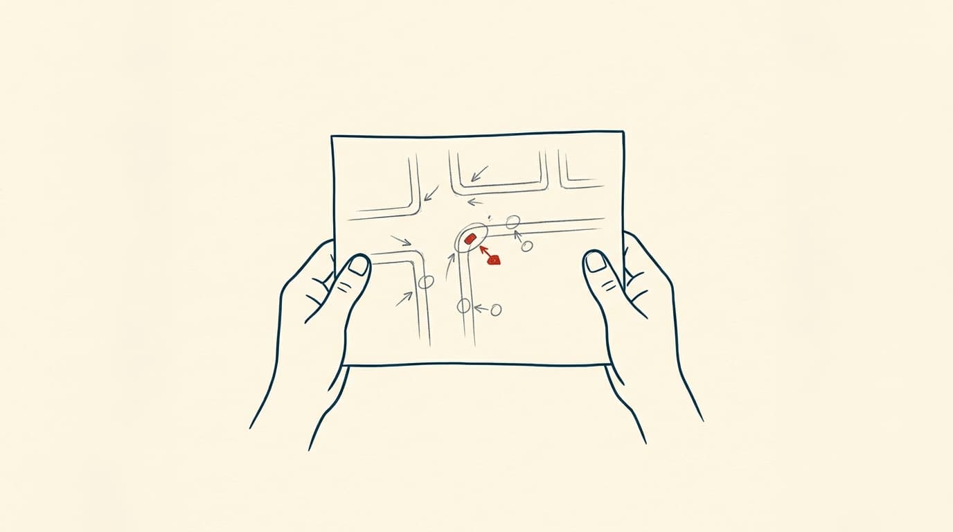 Two hands holding a pencil-annotated, hand-drawn map of one street corner.