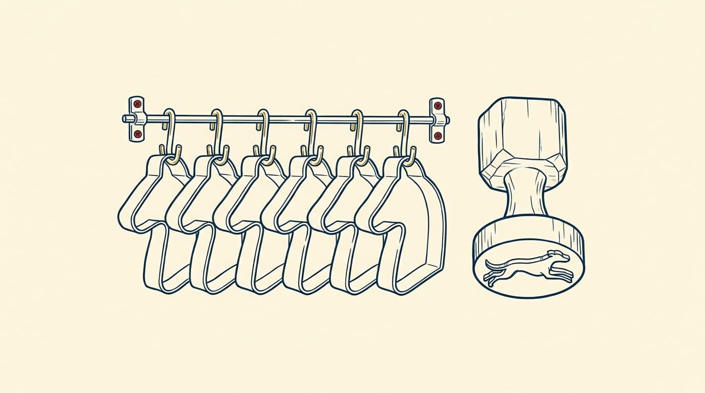 A row of identical metal cookie cutters hanging on hooks, with one hand-carved wooden stamp at the end of the row.