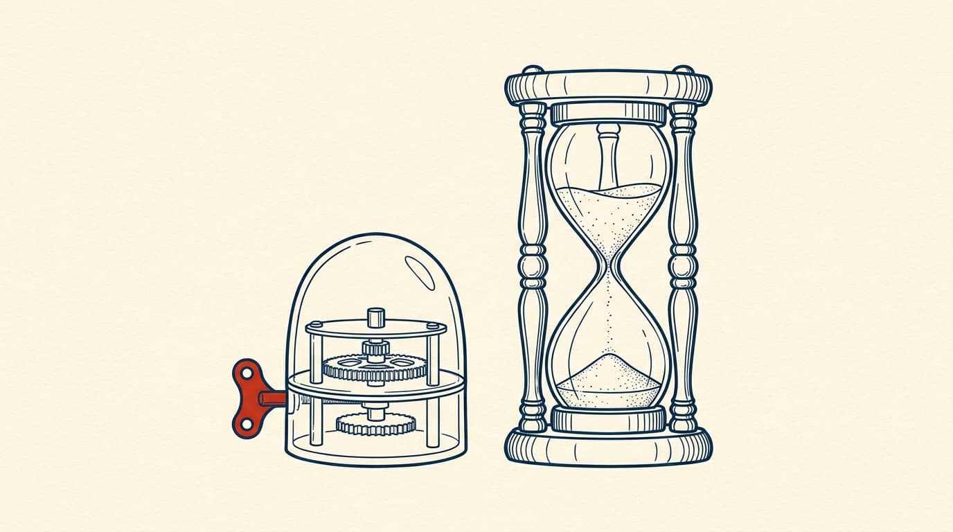 A small wind-up kitchen timer standing next to a tall hourglass with wooden ends.