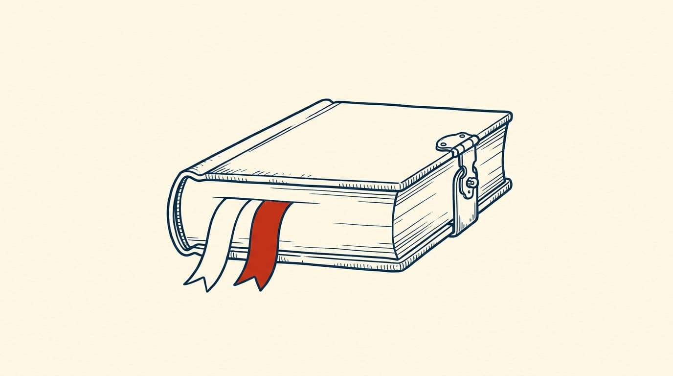 A thick ledger with a brass clasp and two ribbon bookmarks lying on a wooden desk.